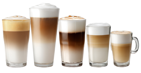 Four tall glasses of layered coffee drinks, varying in size, each topped with a layer of frothy crema