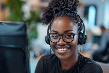 Young adult woman smiling while working at a computer