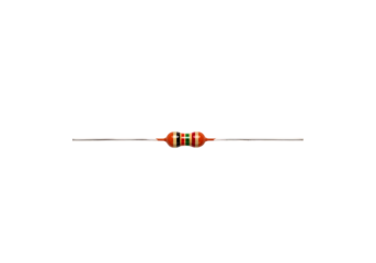 Electronic resistor component with color bands for circuit board isolated on transparent background