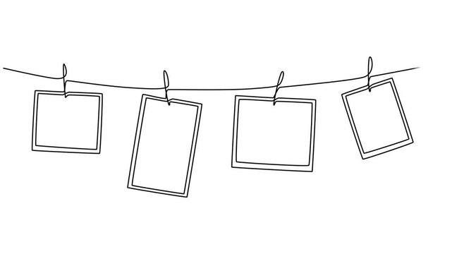 photo frame continuous one line drawing animation, Self drawing animation Photo frames hanging on the rope with clothespins in one continuous line drawing. Full length animation High quality 4k video.