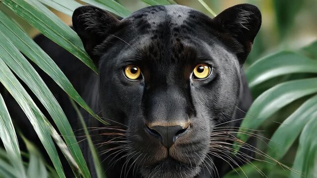 Sleek Black Panther in Lush Foliage: A captivating portrait of a black panther, its dark fur contrasting with the vibrant green leaves. Its golden eyes command attention.