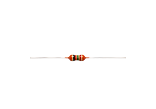 Electronic resistor component with color bands for circuit board isolated on transparent background