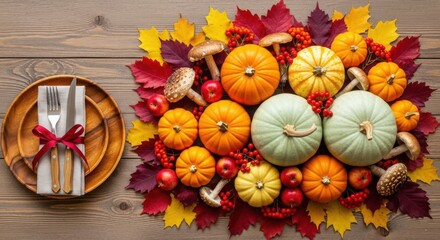 Autumn harvest table setting with pumpkins, leaves, and berries