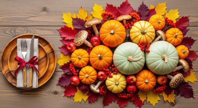 Autumn harvest table setting with pumpkins, leaves, and berries