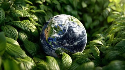World in Harmony: The Earth nestles in a vibrant bed of fresh, green foliage, embodying environmental consciousness and sustainable living.