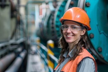 Adult woman smiling in an industrial setting wearing safety gear
