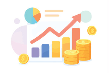 Financial growth and investment success represented by a rising bar graph, stack of coins, and pie chart illustrating economic progress
