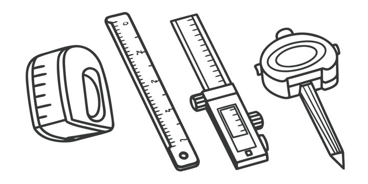 A collection of measuring tools including a ruler, caliper, and tape measure.