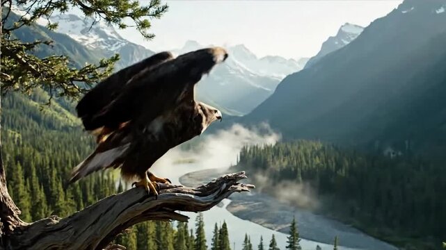 A powerful golden eagle in slow motion, soaring gracefully against a dramatic, cloud filled mountain sky, showcasing its impressive wingspan and effortless mastery of the winds.