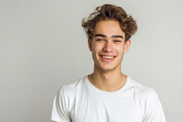 Teen boy smiling happily in a casual white t-shirt
