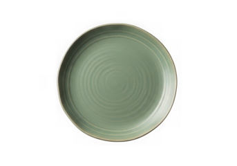 Top view of a round, sage green ceramic plate with concentric ring detail isolated on transparent background