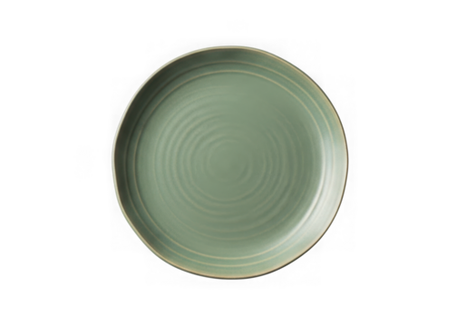 Top view of a round, sage green ceramic plate with concentric ring detail isolated on transparent background
