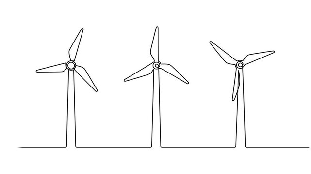 wind farm generating renewable energy continuous one line drawing animation, Video. Windmill, wind energy, the only one in one continuous line. Wind alternative energy. Hilly terrain with generating