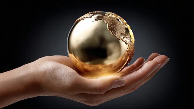 Global Initiative: A close-up shot presents a delicate hand cradling a shining golden globe, its continents etched with precision, symbolizing global unity and aspiration.