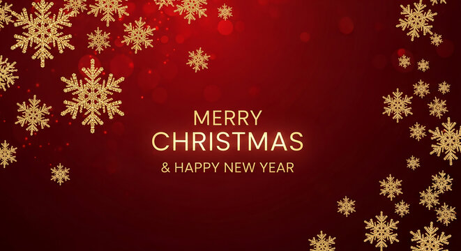 Gold snowflake on a red gradient background, representing festive holiday season, joy, and celebration. "Merry Christmas & Happy New Year" text - Powered by Adobe