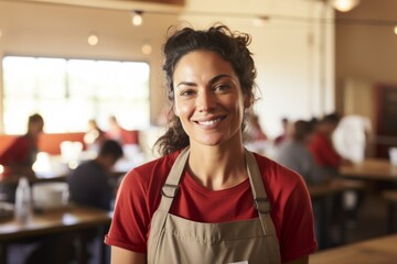 Adult woman smiling in a restaurant setting