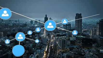 Urban skyline at dusk showcasing digital connectivity with people icons overlaid on a cityscape - Powered by Adobe