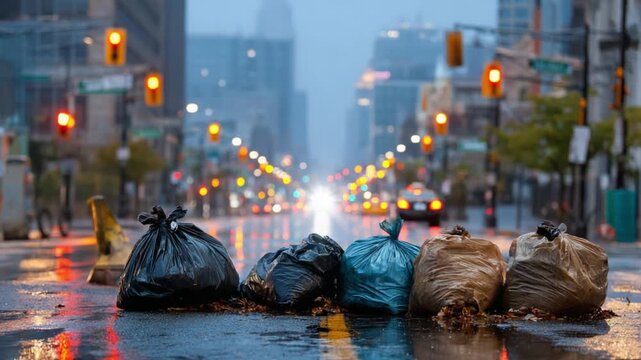City Waste: A row of waste bags sits on a city street, hinting at urban waste management in an area with traffic lights and blurred vehicle lights. Reflecting environmental care.