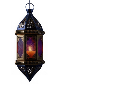 Ornate hanging moroccan lantern with purple glass and lit candle inside isolated on transparent background