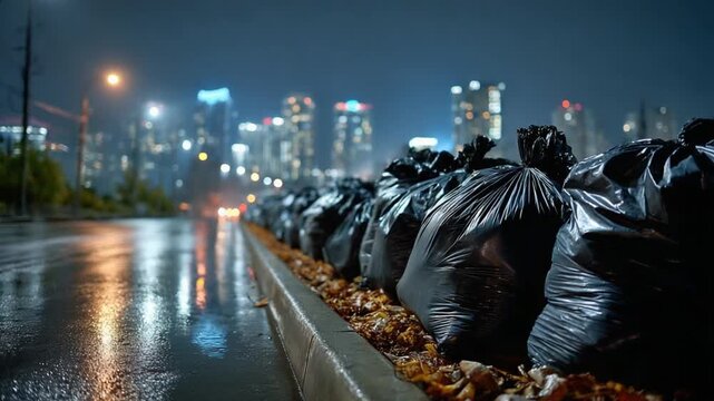 Urban Waste: A row of black trash bags lines a city street, hinting at the hidden challenges of urban waste management, under a twilight sky with a cityscape in the background.