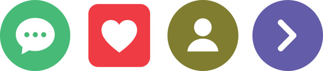 Vibrant, rounded vector buttons illustrating essential social networking actions, such as commenting, liking content, and accessing user accounts.