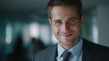 Fototapeta premium A well-dressed man stands confidently in a modern office, looking directly at the camera. This man embodies professionalism and focus within the corporate environment of the settin