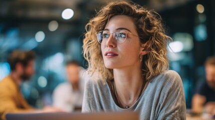 In a bustling coworking space, a woman engages in discussion while intently working on her laptop. This scene highlights collaboration and the vibrant environment of modern workspa