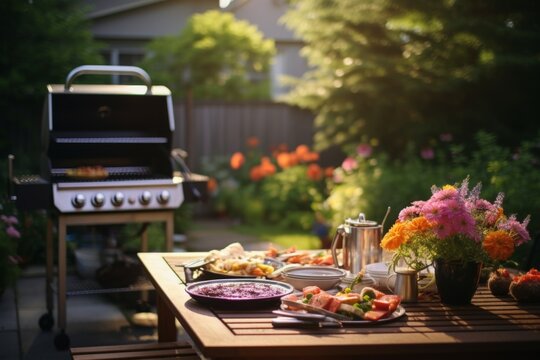 Outdoor barbecue with delicious food and vibrant flowers in the garden