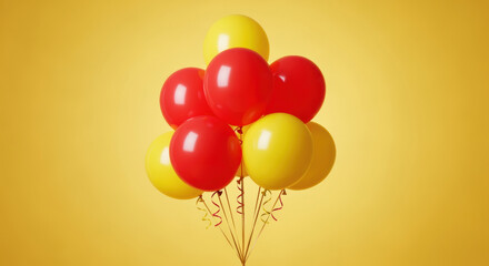 Bright cluster of red and yellow balloons floating against a vibrant yellow background for festive celebration and party decor