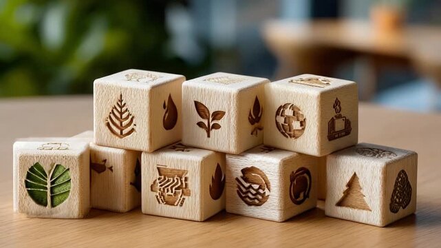 Wooden Blocks of Environmental Symbols: A close-up shot of a collection of wooden blocks, each meticulously etched with a unique symbol representing elements of nature and the environment.