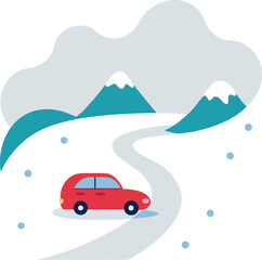 Car traveling through snowy road  vector colorful on white background  