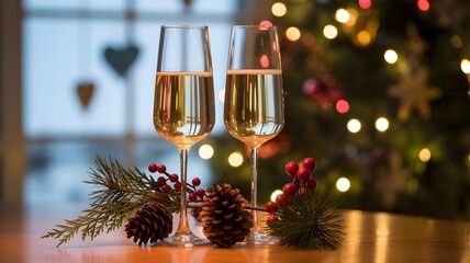 Elegant Christmas toast with champagne in glasses and festive decorations
