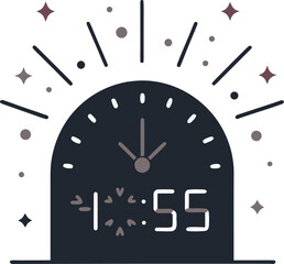 Concept large glowing clock showing 11-59- pm with 12 :00-am silhouette vector on white background 