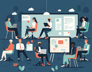 Flat Design Modern Business Team Collaboration – Digital Workplace Diversity Coworking Illustration
