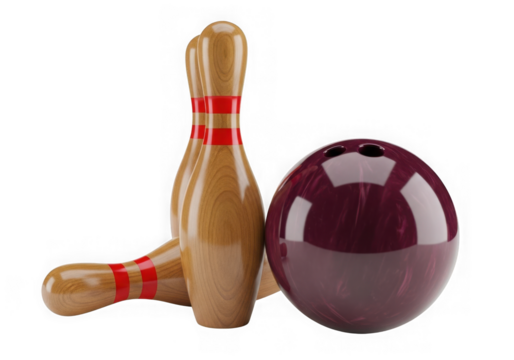 Bowling ball and wooden pin set up for strike isolated on white isolated on transparent background