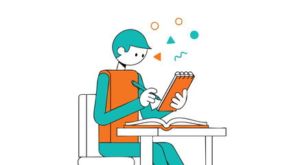 A young man is concentrating on taking notes from a book at a desk while studying or working.