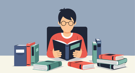A focused young student wearing glasses is intensively reading a book surrounded by multiple textbooks.