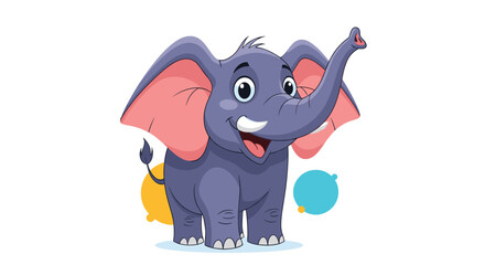 Obraz premium Adorable cartoon baby elephant with big ears stands happily with its trunk raised next to colorful party balloons.