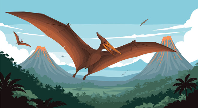 A large pterodactyl soars through the sky above a prehistoric jungle landscape with erupting volcanoes in the distance.