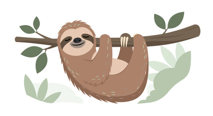Naklejka premium Adorable cartoon sloth with a sweet smile hangs peacefully from a tree branch surrounded by soft green leaves design.