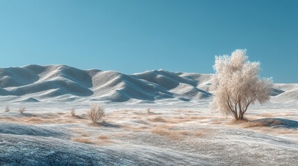 A lone tree thickly coated with white frost stands against rolling snow-covered dunes under a bright blue sky, with sparse yellow vegetation adding contrast in this cold, silent desert landscape