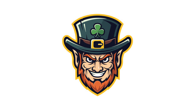 Fierce leprechaun mascot with an angry grin and a shamrock on his green top hat for a competitive sports team.