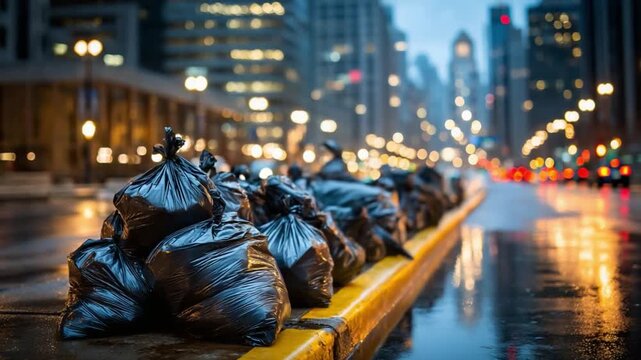 Urban Waste: A row of black refuse bags piled up on a city street, reflecting the realities of waste management in an urban environment.