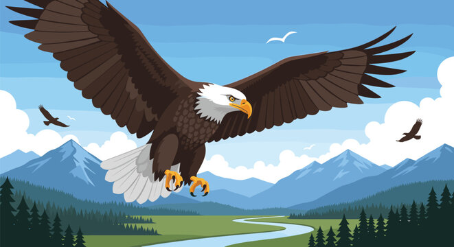 Majestic bald eagle with its wings spread wide soars gracefully over a scenic mountain and forest river valley.