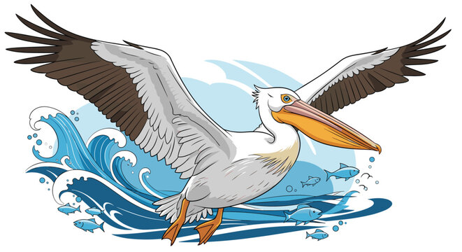 A majestic white pelican with wings spread wide soars over powerful blue ocean waves teeming with small fish.