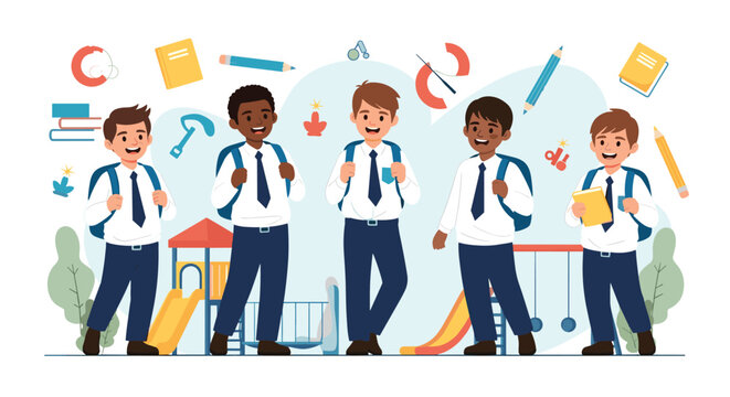 Diverse group of five happy schoolboys in matching uniforms with backpacks stand together in a school playground.