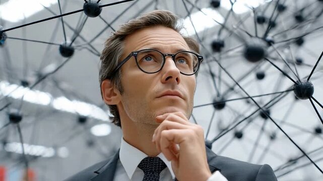 Contemplative Analyst: A focused individual in business attire ponders complex ideas amidst an abstract network of interconnected concepts, his gaze fixed upwards.