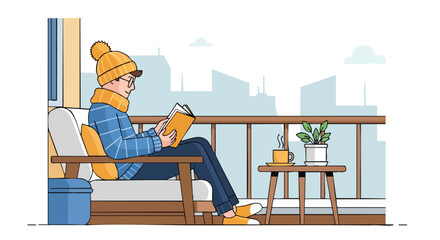 A person in warm winter clothes reads a book on a balcony overlooking a city skyline.