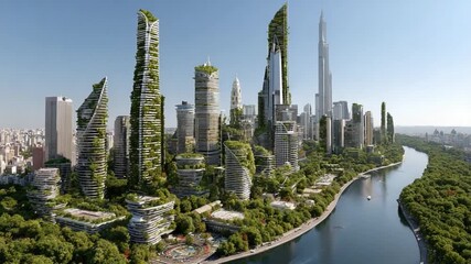 Eco-Friendly Metropolis: A futuristic cityscape, seamlessly blending towering skyscrapers with lush greenery and clean river, a testament to sustainable urban design and environmental harmony.
