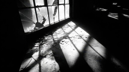 A dramatic black and white image of shattered glass and shadows.